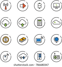 line vector icon set - antenna vector, right arrow, bitcoin, monitor cursor, download cloud, upload, calculator, dollar, notebook wi fi, globe, mouse wireless, exchange data, server, radio