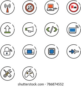 line vector icon set - antenna vector, no computer sign, netabook connect, truck overtake road, uplooad, loudspeaker, tag code, notebook wi fi, wireless lock, game console, cpu, wrench screwdriver