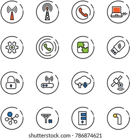 line vector icon set - antenna vector, phone, netabook connect, gear, horn, puzzle, usb wi fi, wireless lock, router, cloud exchange data, satellite, molecule, no signal, server, allen key