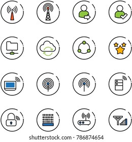 line vector icon set - antenna vector, user login, check, network folder, refresh cloud, community, stars, notebook wi fi, server wireless, lock, binary code, router, fine signal