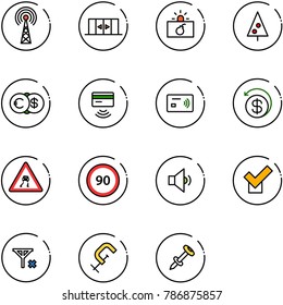 line vector icon set - antenna vector, automatic doors, terrorism, christmas tree, euro dollar, tap pay, money back, slippery road sign, speed limit 90, low volume, check, no signal, clamp