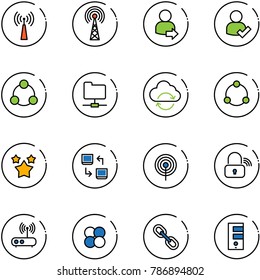 line vector icon set - antenna vector, user login, check, social, network folder, refresh cloud, community, stars, data exchange, wireless lock, wi fi router, atom core, link, server