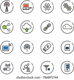line vector icon set - antenna vector, netabook connect, gear, share, upload cloud, link, notebook wi fi, usb, sim, router, satellite, no signal, server