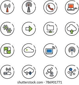 line vector icon set - antenna vector, phone, netabook connect, gear, right arrow, network folder, upload cloud, puzzle, notebook wi fi, router, exchange data, satellite, molecule