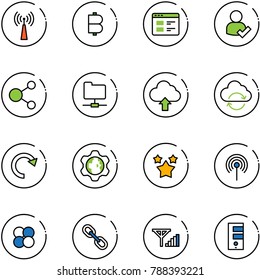 line vector icon set - antenna vector, bitcoin, website, user check, share, network folder, upload cloud, refresh, redo, gear globe, stars, atom core, link, fine signal, server