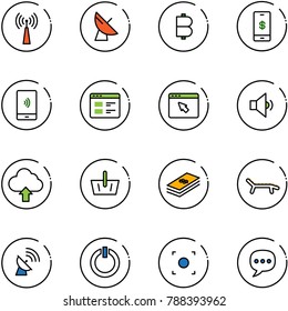 line vector icon set - antenna vector, satellite, bitcoin, mobile payment, website, cursor browser, low volume, upload cloud, basket, dollar, lounger, standby button, record, chat