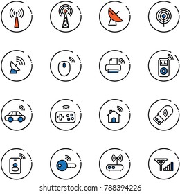 line vector icon set - antenna vector, satellite, mouse wireless, printer, music player, car, joystick, home, usb wi fi, identity card, key, router, fine signal