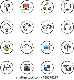 line vector icon set - antenna vector, netabook connect, social, network folder, upload cloud, redo, tag code, community, group, notebook wi fi, wireless lock, binary, atom core, fine signal