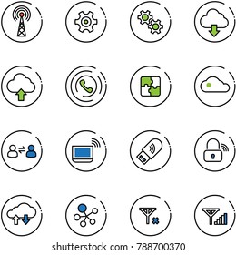line vector icon set - antenna vector, gear, download cloud, upload, phone horn, puzzle, information exchange, notebook wi fi, usb, wireless lock, data, molecule, no signal, fine