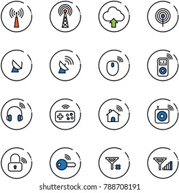 line vector icon set - antenna vector, upload cloud, satellite, mouse wireless, music player, headphones, joystick, home, speaker, lock, key, no signal, fine