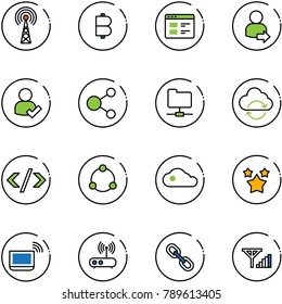 line vector icon set - antenna vector, bitcoin, website, user login, check, share, network folder, refresh cloud, tag code, community, stars, notebook wi fi, router, link, fine signal