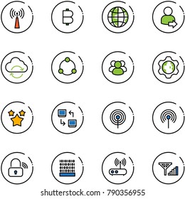 line vector icon set - antenna vector, bitcoin, globe, user login, refresh cloud, community, group, gear, stars, data exchange, wireless lock, binary code, wi fi router, fine signal