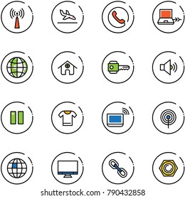 line vector icon set - antenna vector, arrival, phone, netabook connect, globe, home, key, volume medium, pause, t shirt, notebook wi fi, monitor, link, nut