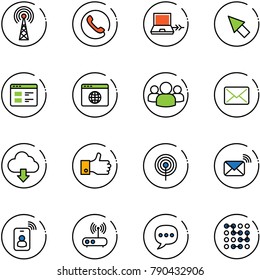 line vector icon set - antenna vector, phone, netabook connect, cursor, website, browser globe, group, mail, download cloud, finger up, wireless, identity card, wi fi router, chat, circuit