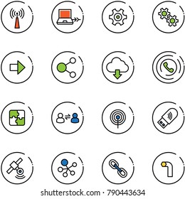 line vector icon set - antenna vector, netabook connect, gear, right arrow, share, download cloud, phone horn, puzzle, information exchange, usb wi fi, satellite, molecule, link, allen key