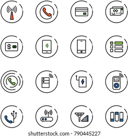 line vector icon set - antenna vector, phone, credit card, mobile payment, menu, horn, server wireless, power bank, music player, wi fi router, fine signal, battery