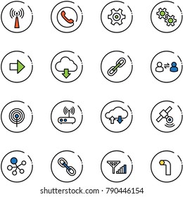 line vector icon set - antenna vector, phone, gear, right arrow, download cloud, link, information exchange, wi fi router, data, satellite, molecule, fine signal, allen key