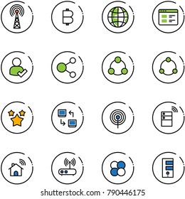 line vector icon set - antenna vector, bitcoin, globe, website, user check, share, social, community, stars, data exchange, server wireless, home, wi fi router, atom core