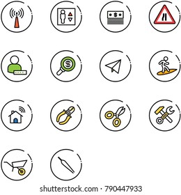 line vector icon set - antenna vector, elevator, dollar, Road narrows sign, user password, search money, paper fly, surfing, wireless home, side cutters, scissors, wrench hammer, wheelbarrow