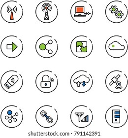 line vector icon set - antenna vector, netabook connect, gear, right arrow, share, puzzle, cloud, usb wi fi, wireless lock, exchange data, satellite, molecule, link, fine signal, server