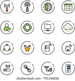 line vector icon set - antenna vector, globe, website, user check, friends, network folder, refresh cloud, community, stars, server wireless, home, wi fi router, link, fine signal