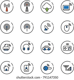 line vector icon set - antenna vector, upload cloud, notebook wi fi, satellite, mouse wireless, printer, headphones, car, joystick, home, identity card, key, fine signal