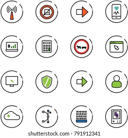 line vector icon set - antenna vector, no computer sign, right arrow, mobile heart monitor, account statistics, calculator, cart horse road, cursor browser, shield, user, cloud, bezier, binary code