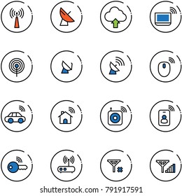 line vector icon set - antenna vector, satellite, upload cloud, notebook wi fi, mouse wireless, car, home, speaker, identity card, key, router, no signal, fine