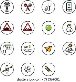 line vector icon set - antenna vector, santa stick, stethoscope, mobile heart monitor, steep descent road sign, drawbridge, record, manager, presentation, growth, paper fly, pyramid, kayak, gear