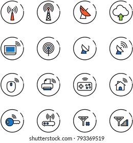 line vector icon set - antenna vector, satellite, upload cloud, notebook wi fi, mouse wireless, printer, joystick, home, key, router, no signal, fine