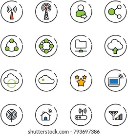 line vector icon set - antenna vector, user login, share, social, friends, network folder, upload cloud, refresh, stars, notebook wi fi, wireless home, router, fine signal