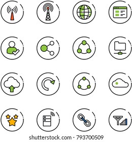 line vector icon set - antenna vector, globe, website, user check, share, social, network folder, upload cloud, redo, community, stars, server wireless, link, fine signal