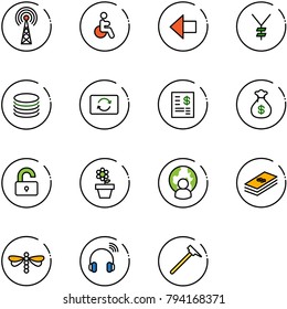 line vector icon set - antenna vector, disabled, left arrow, yen, coin, card exchange, account statement, money bag, unlocked, flower pot, man globe, dollar, dragonfly, wireless headphones