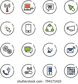 line vector icon set - antenna vector, netabook connect, bow message, cursor, phone, social, loudspeaker, gears, dialog, satellite, wireless mail, wi fi router, server, circuit