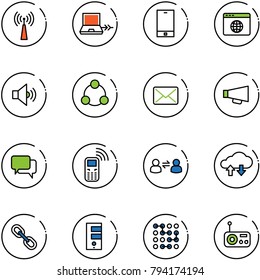 line vector icon set - antenna vector, netabook connect, phone, browser globe, volume medium, social, mail, loudspeaker, dialog, mobile, information exchange, cloud data, link, server, circuit