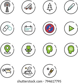 line vector icon set - antenna vector, trap truck, christmas tree, thermometer, pills, schedule, no parkin odd, play, map pin, office chair, head bulb, brain work, helicopter, mountains