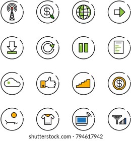line vector icon set - antenna vector, money click, globe, right arrow, download, reload, pause, document, cloud, finger up, stairs, dollar, lounger, t shirt, notebook wi fi, fine signal
