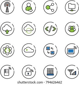 line vector icon set - antenna vector, user login, share, network folder, upload cloud, refresh, tag code, group, gear globe, data exchange, notebook wi fi, server wireless, lock, binary