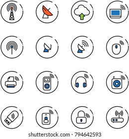 line vector icon set - antenna vector, satellite, upload cloud, notebook wi fi, mouse wireless, printer, music player, headphones, speaker, usb, identity card, lock, router