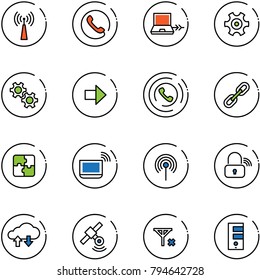 line vector icon set - antenna vector, phone, netabook connect, gear, right arrow, horn, link, puzzle, notebook wi fi, wireless lock, cloud exchange data, satellite, no signal, server