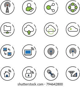 line vector icon set - antenna vector, user check, share, friends, network folder, upload cloud, refresh, data exchange, notebook wi fi, wireless home, lock, link, fine signal