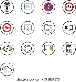 line vector icon set - antenna vector, diagnostic monitor, no parkin odd, limited width road sign, truck overtake, cursor, shared folder, loudspeaker, tag code, standby, statistics, calculator
