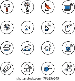 line vector icon set - antenna vector, satellite, notebook wi fi, mouse wireless, printer, car, home, speaker, usb, lock, key, router