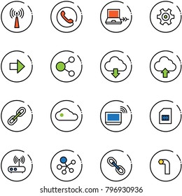 line vector icon set - antenna vector, phone, netabook connect, gear, right arrow, share, download cloud, upload, link, notebook wi fi, sim, router, molecule, allen key