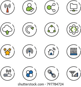 line vector icon set - antenna vector, user check, share, network folder, upload cloud, redo, community, gear globe, stars, wireless home, binary code, wi fi router, atom core, link, fine signal