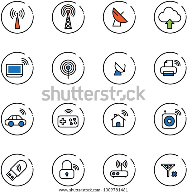 line vector icon set - antenna vector,\
satellite, upload cloud, notebook wi fi, printer wireless, car,\
joystick, home, speaker, usb, lock, router, no\
signal