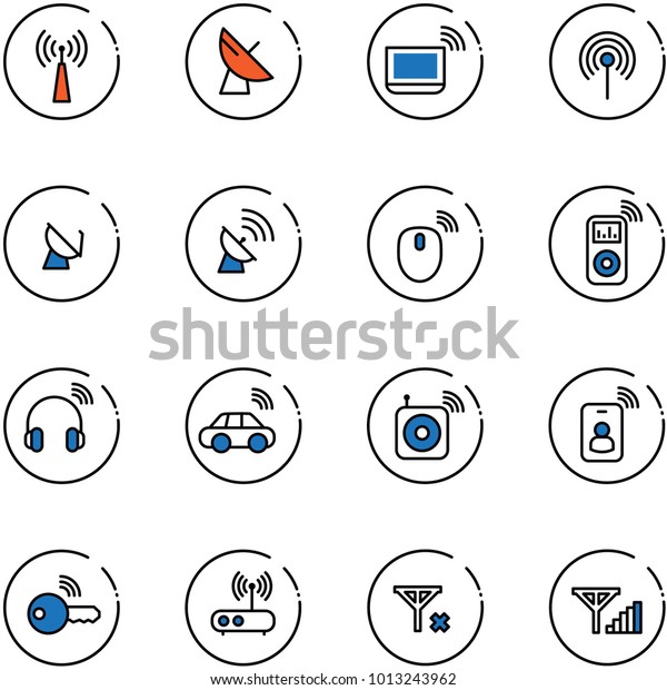 line vector icon set -\
antenna vector, satellite, notebook wi fi, mouse wireless, music\
player, headphones, car, speaker, identity card, key, router, no\
signal, fine