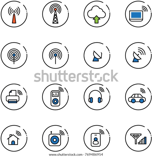 line vector icon set\
- antenna vector, upload cloud, notebook wi fi, satellite, printer\
wireless, music player, headphones, car, home, speaker, identity\
card, fine signal