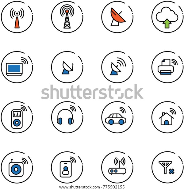 line vector\
icon set - antenna vector, satellite, upload cloud, notebook wi fi,\
printer wireless, music player, headphones, car, home, speaker,\
identity card, router, no\
signal