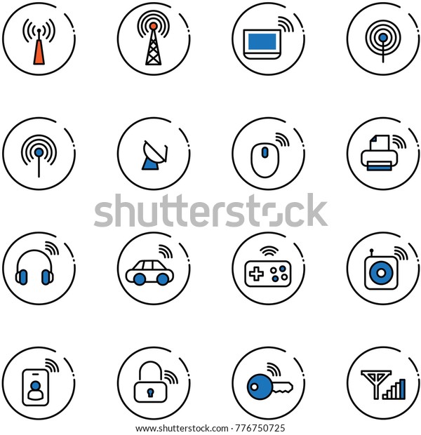 line vector icon set -\
antenna vector, notebook wi fi, satellite, mouse wireless, printer,\
headphones, car, joystick, speaker, identity card, lock, key, fine\
signal